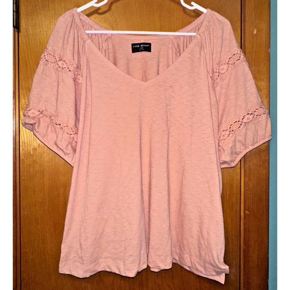 Lane Bryant Womens Pink Lace Detail Sleeve V Neck Top Plus Size 18/20